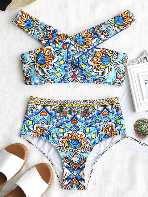 Bikini A Vita Alta Con Incrocio Stampa Mandala Colormix