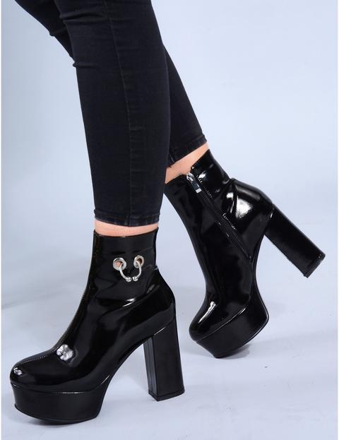 Detroit Platform Ankle Boots With Metal Ring Detail In Black Patent Pu