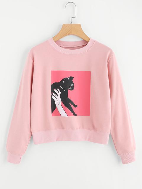 Cat Print Crop Sweatshirt
