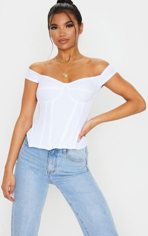 White Woven Frill Shoulder Corset Top