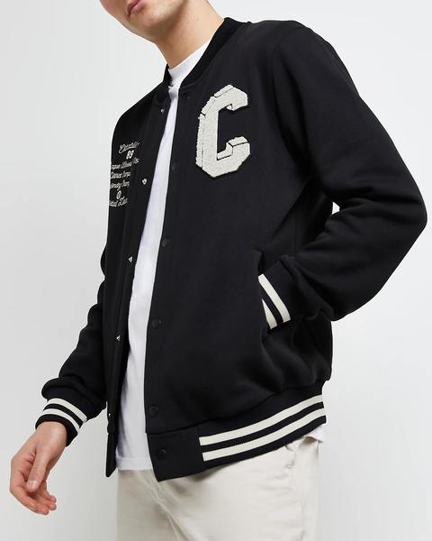 Black Regular Fit Varsity Bomber Jacket