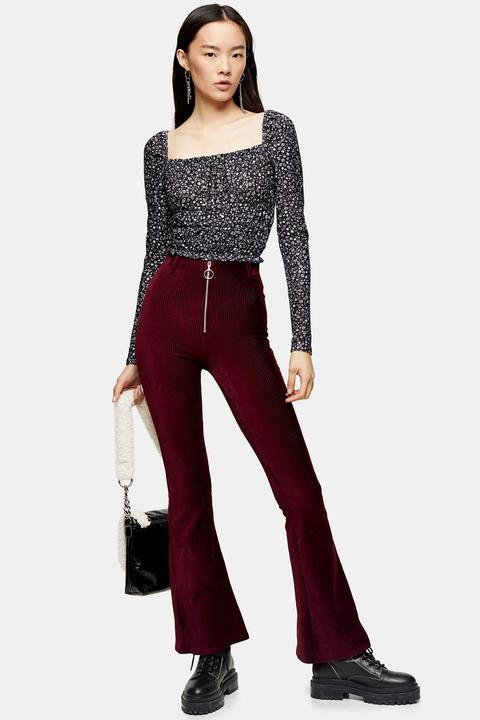 Womens Tall Burgundy Corduroy Flare With Zip Trousers - Burgundy, Burgundy