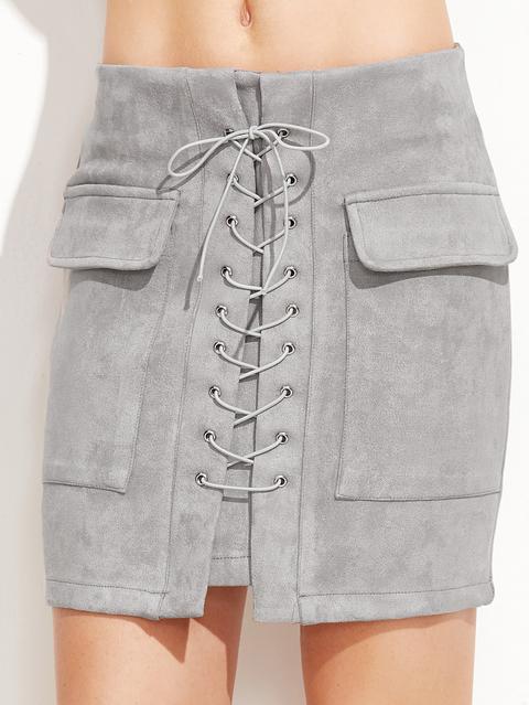 Light Grey Suede Lace Up Front Pockets Bodycon Skirt