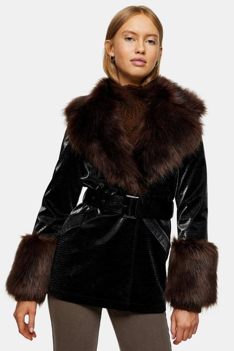 Chocolate Brown Faux Fur Trim Cropped Coat