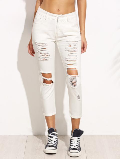 Jeans Stretti Denim Strappati - Bianco