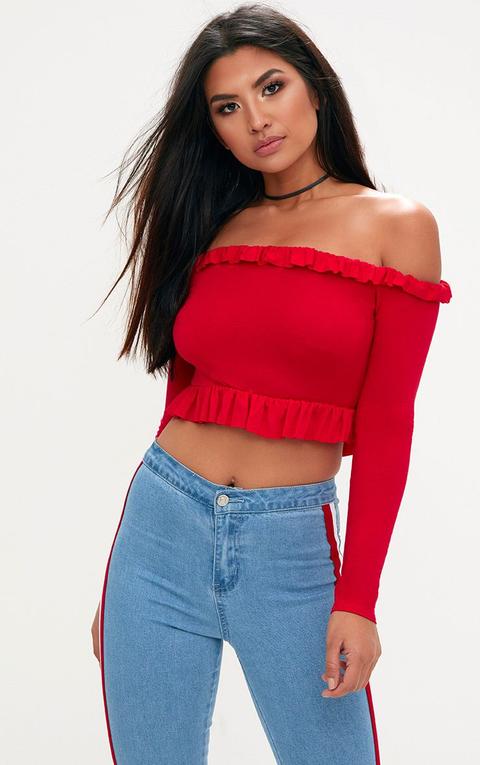 Red Bardot Frill Jersey Crop Top, Red