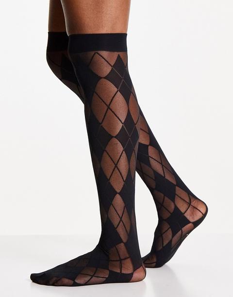 Asos Design Knee High Sheer Socks In Argyle Check Print In Black