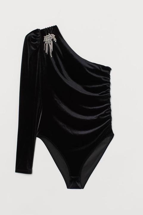 Body De Velour Con Strass - Negro