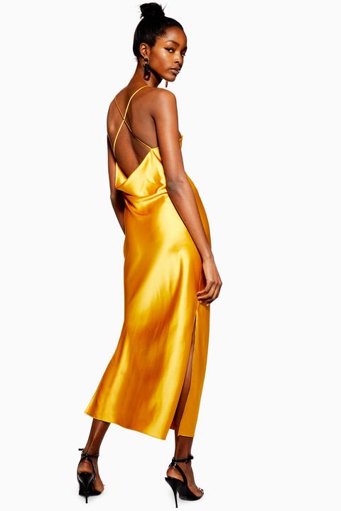 Womens Plain Satin Slip Dress - Mustard, Mustard