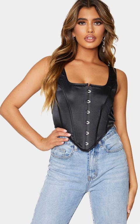 Black Satin Hook And Eye Curved Hem Corset