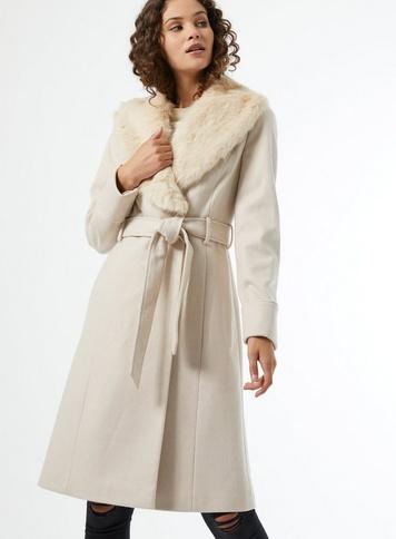 Womens Cream Detachable Faux Fur Collar Belted Coat, Ivory