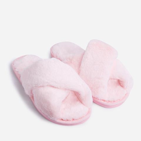 Roma Fluffy Crossover Slipper In Pink Faux Fur-4, Pink