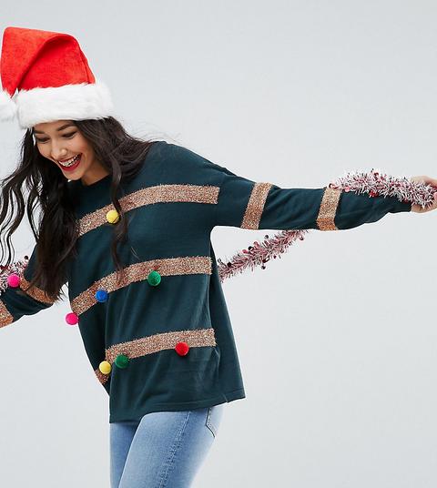 Jersey Navideño Con Detalle De Árbol Y Pompones De Asos Tall