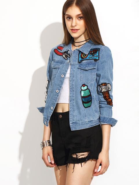 Chaqueta Denim Lentejuelas Botones - Azul Claro