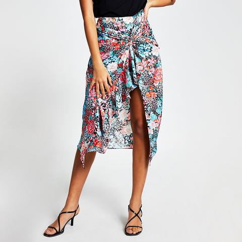 Blue Floral Twisted Front Midi Skirt