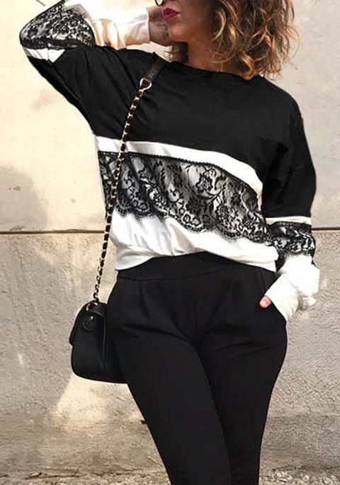 Maglietta Pizzo Girocollo Manica Lunga Moda Nero-bianco