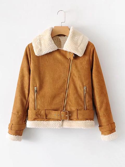 Contrast Faux Fur Suede Jacket With Belt