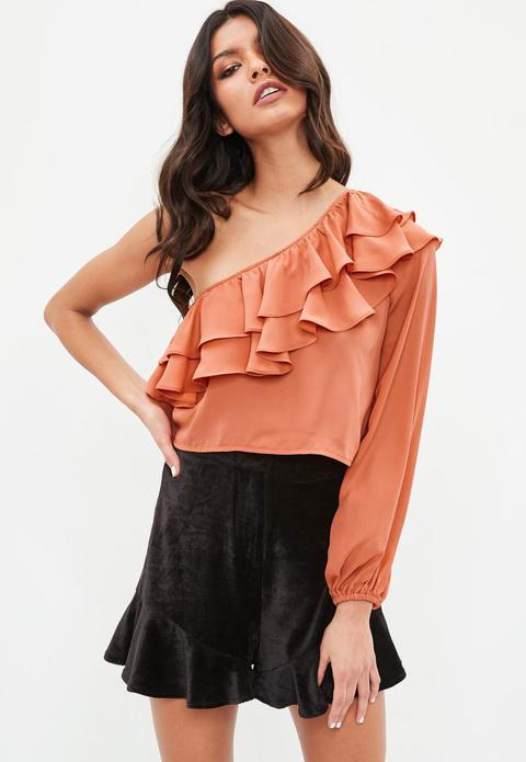 Orange One Shoulder Frill Crop Top, Rose