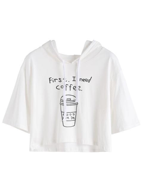 Camiseta Estampada De Café Y Eslogan Con Capucha - Blanco