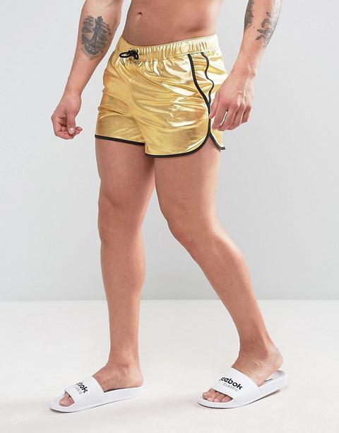 Asos - Pantaloncini Da Bagno Corti Oro Metallico Stile Runner - Oro