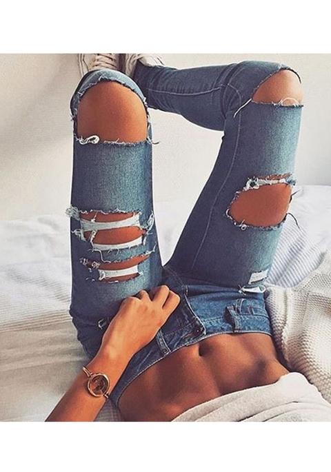 Jeans Lunghi Bottoni A Punta Aperta Vita Normale Denim Afflitto Strappato Blu