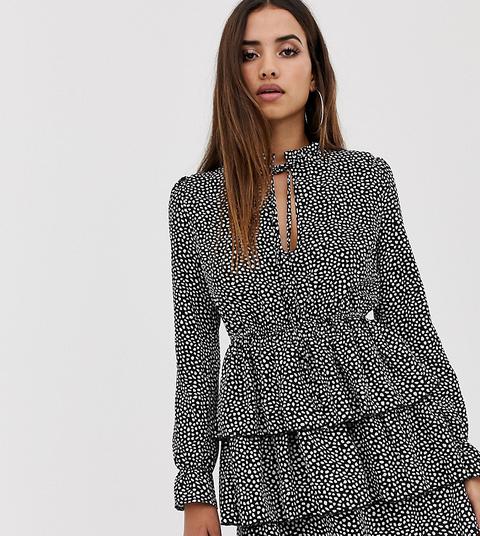 Boohoo Tiered Ruffle Mini Dress With Keyhole Tie Detail In Mono Polka Dot - Multi