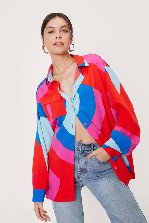 Womens Retro Print Oversized Button Down Shirt