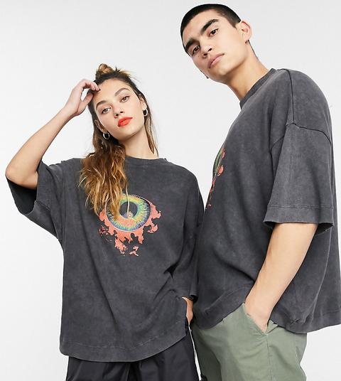 Collusion Unisex Oversized T-shirt With Print And Wash In Waffle Fabric-black