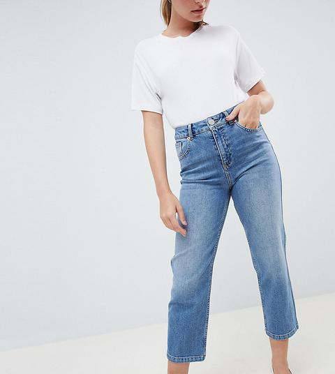 Asos Design Petite Farleigh High Waisted Straight Leg Jeans In Stone Wash Blue