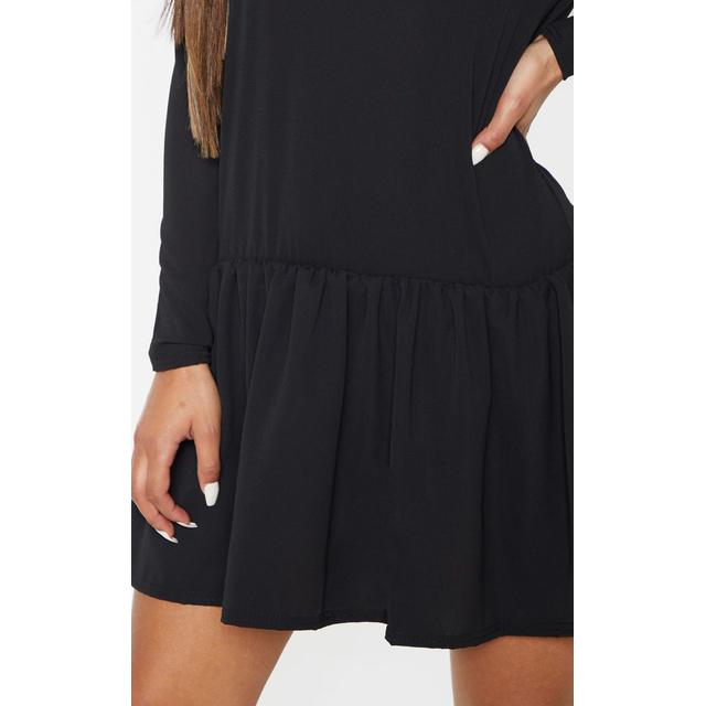 black long sleeve frill hem shift dress