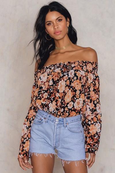 Na-kd Boho Off Shoulder Floral Print Top - Orange,multicolor