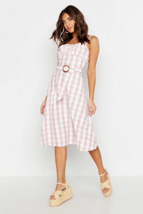 Robe Patineuse Midi Ceinturée Vichy - Blush - 38, Blush