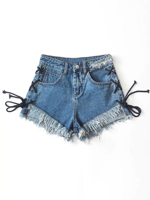 Pantaloncini In Denim Con Lacci Con Bordi Strappati Denim Blue
