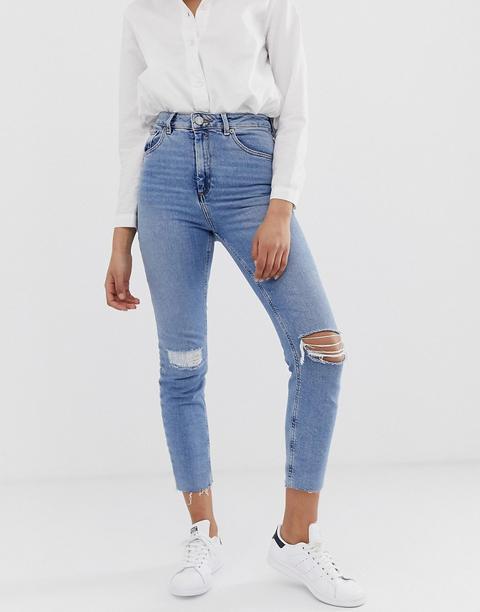 Asos Design Farleigh High Waisted Slim Mom Jeans In Light Vintage Wash With Busted Knee And Rip & Repair Detail - Blue