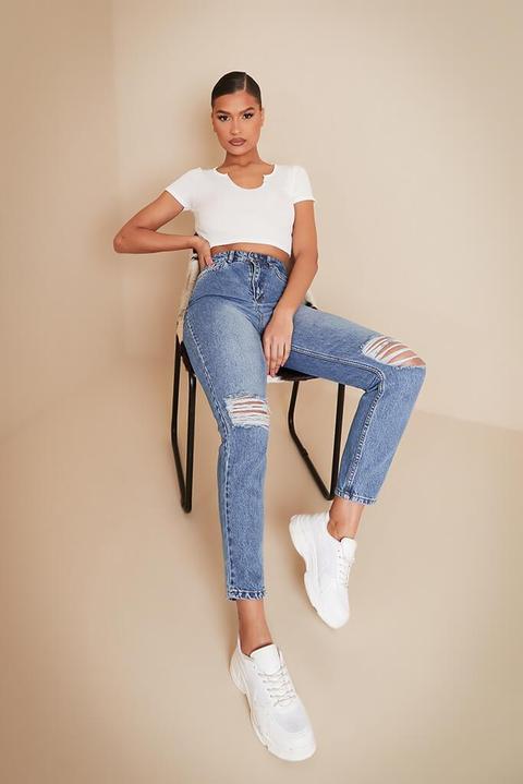 Mid Wash Ripped Knee Mom Jeans , Blue