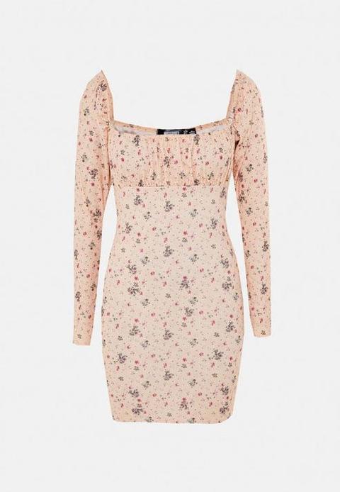 Yellow Floral Print Rib Ruched Cup Mini Dress, Yellow