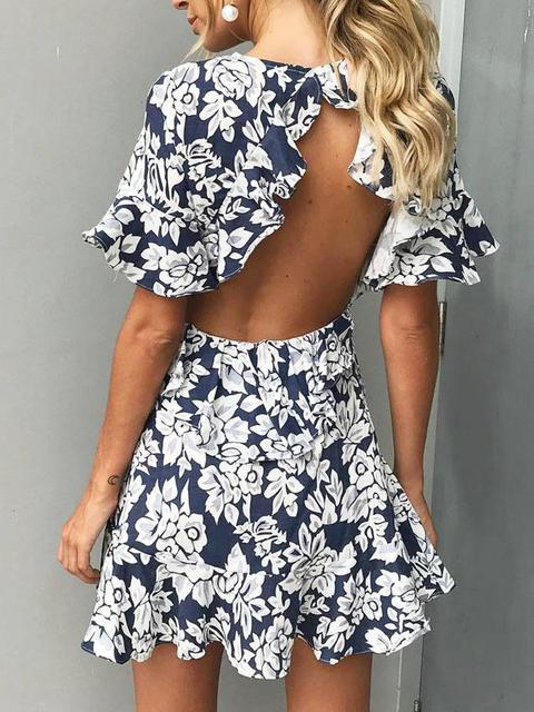 Sexy Floral Ruffles Backless Mini Dress