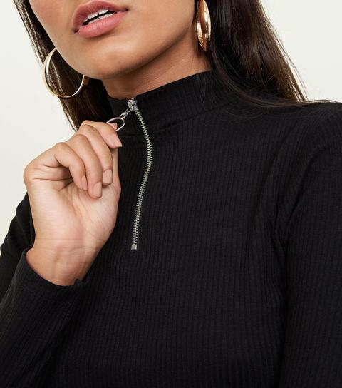 Black Ribbed Ring Zip High Neck Top New Look