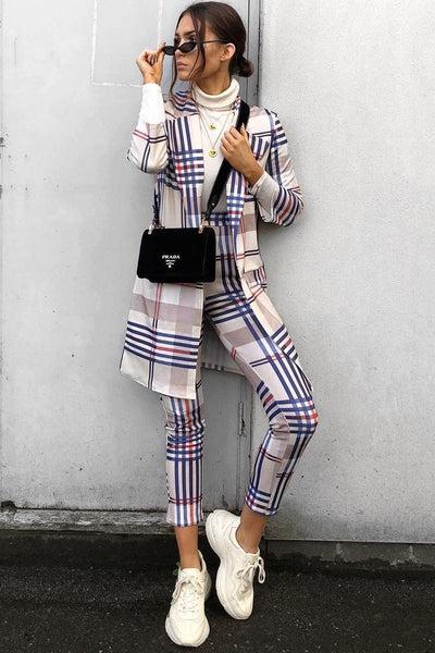 Beige Check Long Line Blazer - Trudey