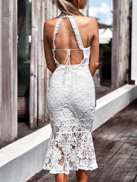 Crochet Lace Halter Backless Fishtail Midi Dress