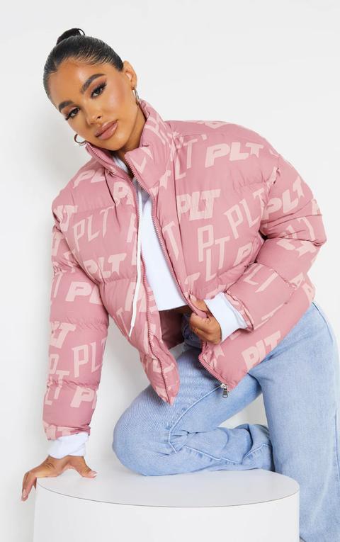 Prettylittlething Petite Pink Printed Cropped Puffer