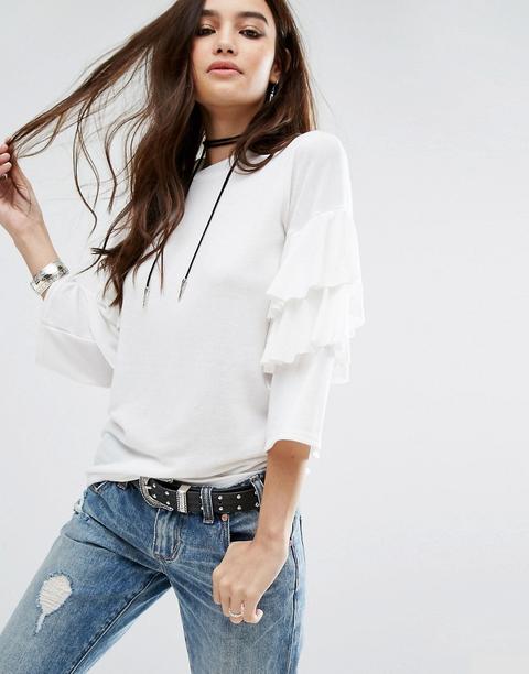 Boohoo - Top Con Maniche A 3/4 E Volant - Bianco