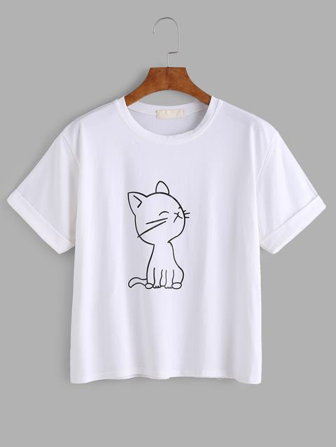 Cat Print Cuffed Tee