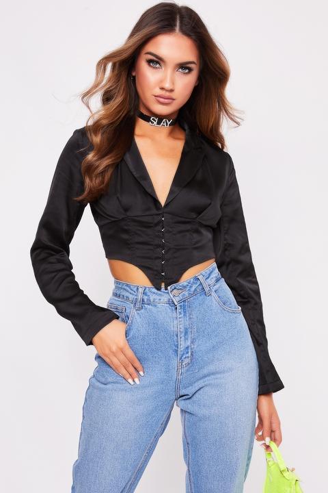 Hula Black Satin Hook And Eye Top