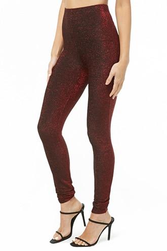 Forever 21 Metallic Knit Leggings , Red 