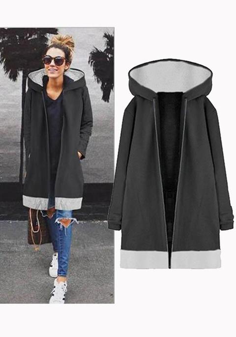 Cappotto Tasche Con Cerniera Con Cappuccio Casuale Nero