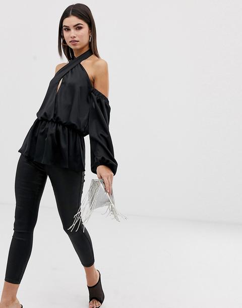Top Halter De Manga Larga Con Detalle De Escote Bardot De Asos Design-negro