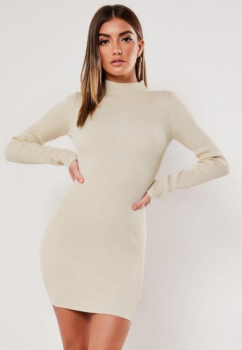 Stone High Neck Rib Knitted Mini Dress, Stone