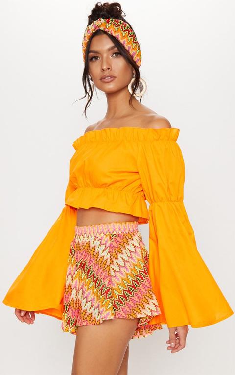 Orange Ruched Bardot Flare Sleeve Crop Top, Orange