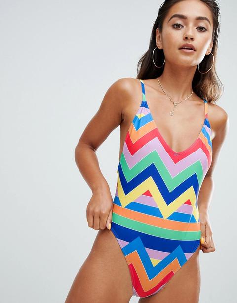 Bañador Con Diseño Reciclado, Rayas De Chevron Brillantes Y Espalda Redonda De Asos Design-multicolor